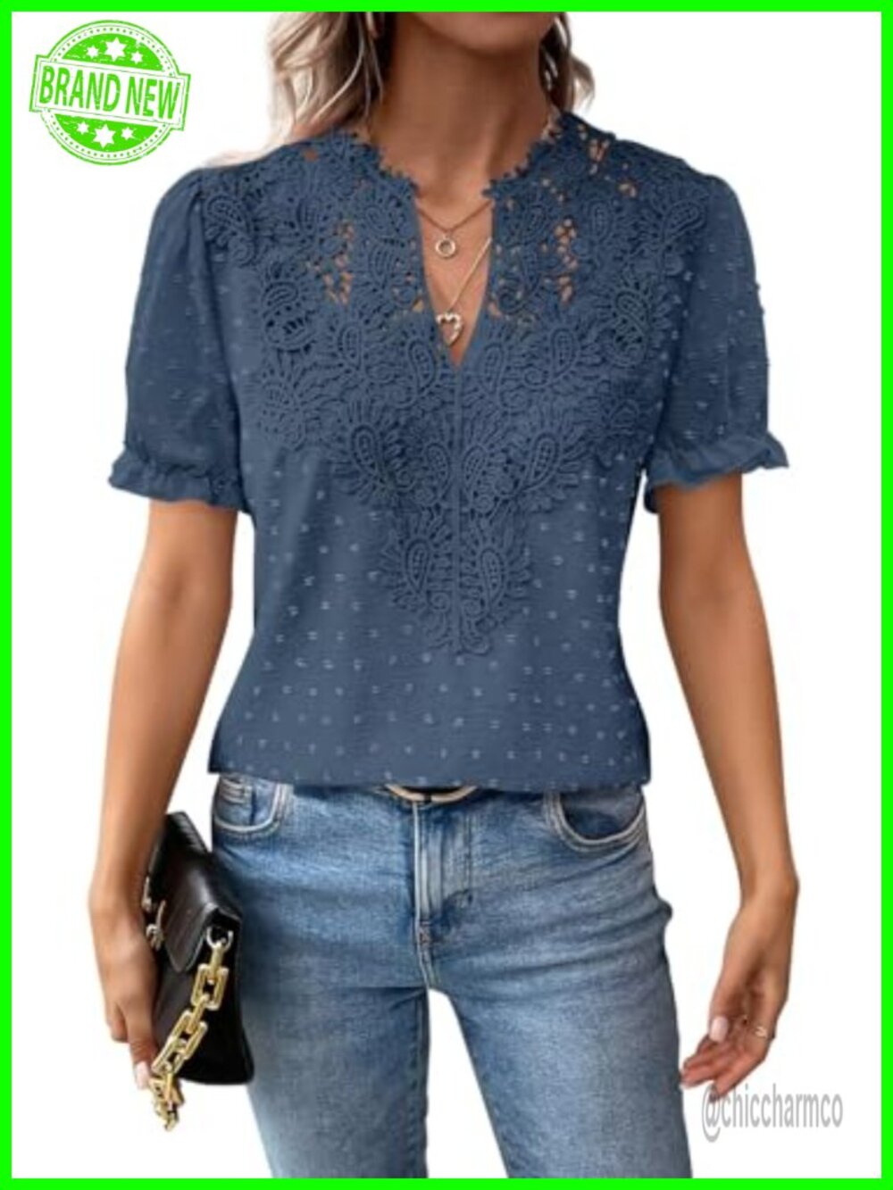 Womens V Neck Short Sleeve Boho Chiffon Blouse Lace Hem Tunic Top